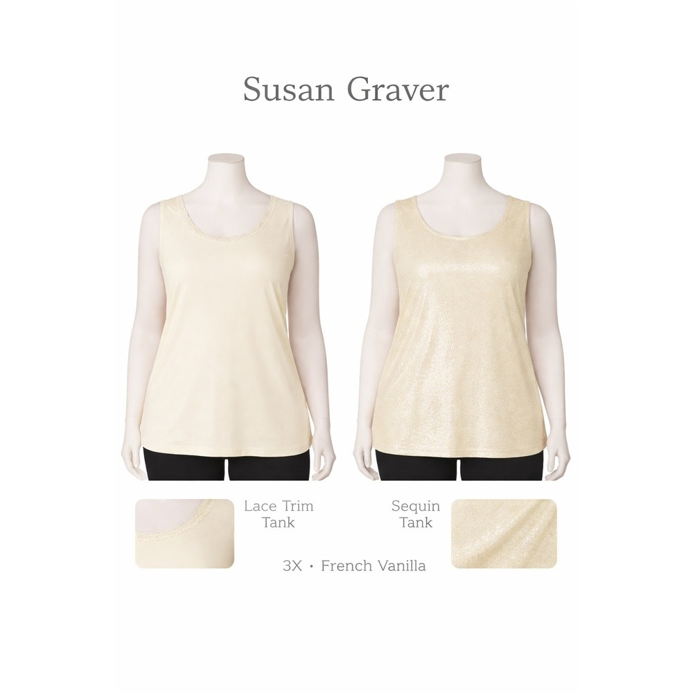 Susan Graver‎ Womens 3X Sequin Lace Trim Tank Top Set French Vanilla A219136